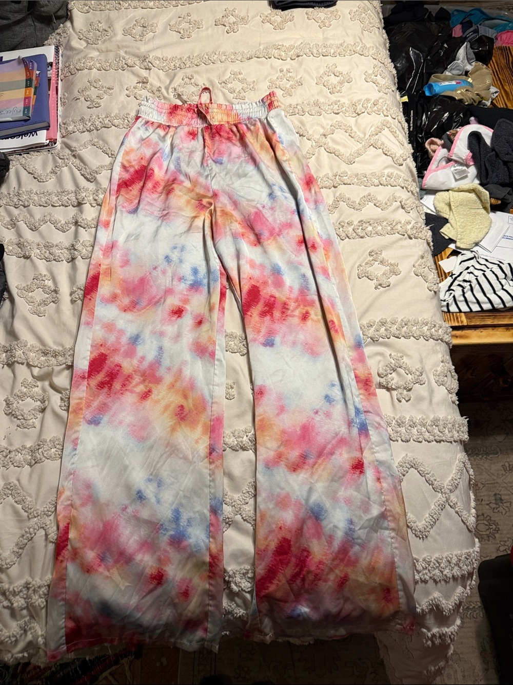 Forever 21 Tie-Dye Wide Leg Pants in Pink, Blue & Yellow